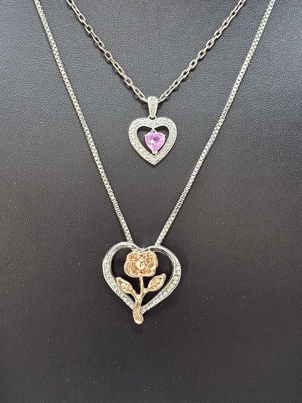 Lot of 2 Heart Pendant Necklaces – Silver Tone CZ Rose Flower Floating Heart
